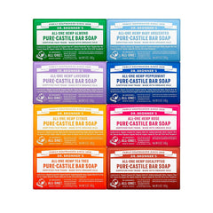 Dr. Bronner's pack frente mostrando ocho barras y beneficios sostenibles