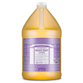 Dr. Bronner's envase galón frontal mostrando etiqueta y tamaño, ahorro por relleno