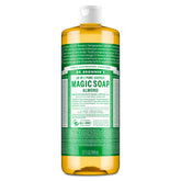 Dr. Bronner's frente de botella 32 oz mostrando etiqueta y diseño, garantía de ingredientes orgánicos