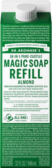 Dr. Bronner's envase de almendra frontal mostrando diseño y tamaño, opción sostenible