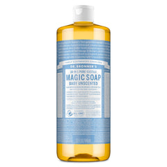 Dr. Bronner's botella frontal que muestra diseño y volumen, ideal para hogares sostenibles