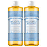 Dr. Bronner's front packaging showing two 32 oz unscented bottles and brand benefit