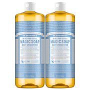 Dr. Bronner's front packaging showing two 32 oz unscented bottles and brand benefit