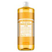 Dr. Bronner's botella frontal 32 oz mostrando etiqueta y tamaño, conveniencia ecológica