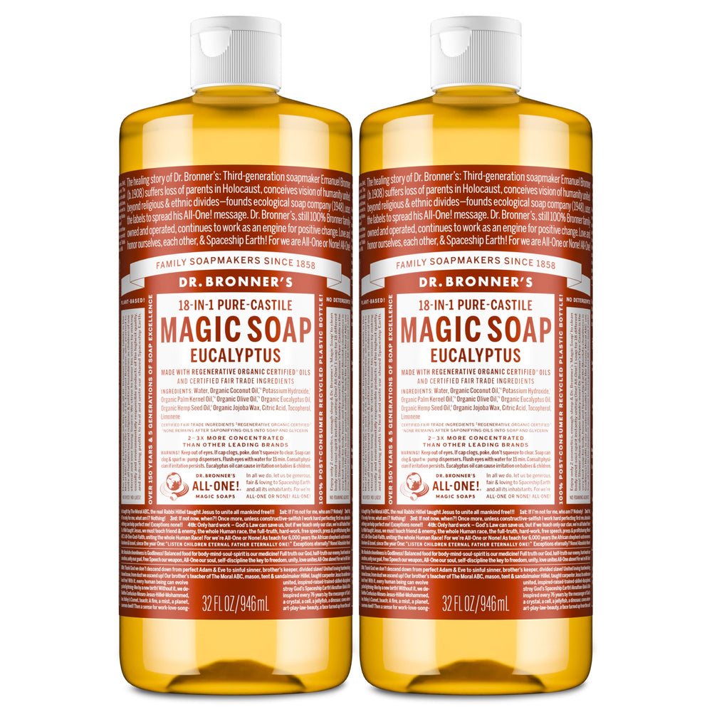 Dr. Bronner's eucalyptus front packaging showing product and quantity benefits