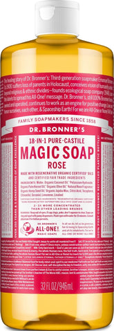 Dr. Bronner's botella frontal 32 oz mostrando aroma rosa y tamaño conveniente