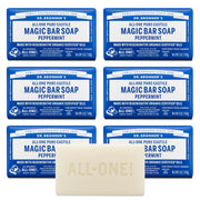Dr. Bronner's front packaging showing six peppermint soap bars and labeling benefit