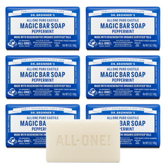Dr. Bronner's front packaging showing six peppermint soap bars and labeling benefit