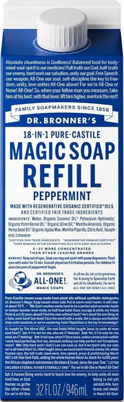 Dr. Bronner's caja recarga peppermint frontal mostrando ahorro de plástico
