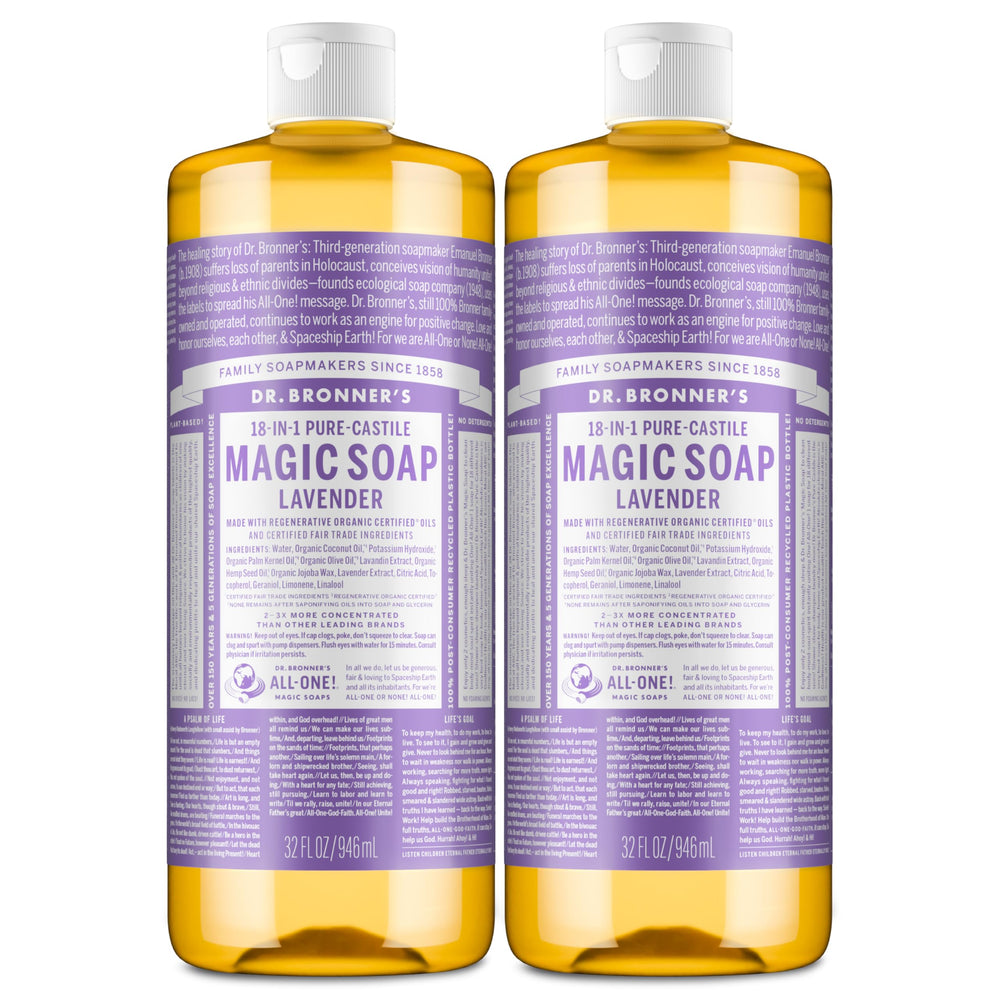 Dr. Bronner's front packaging showing two 32 oz bottles and lavender benefit