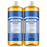Dr. Bronner's peppermint front packaging showing two 32 oz bottles and benefits