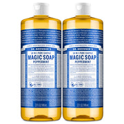 Dr. Bronner's peppermint front packaging showing two 32 oz bottles and benefits
