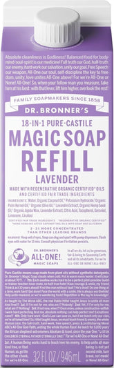 Dr. Bronner's recarga lavanda vista frontal y beneficios de ahorro de plástico
