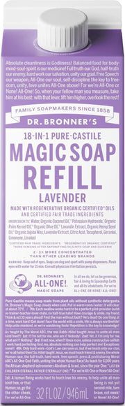 Dr. Bronner's recarga lavanda vista frontal y beneficios de ahorro de plástico