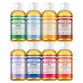 Dr. Bronner's variety pack front view showing colorful small bottles and benefits