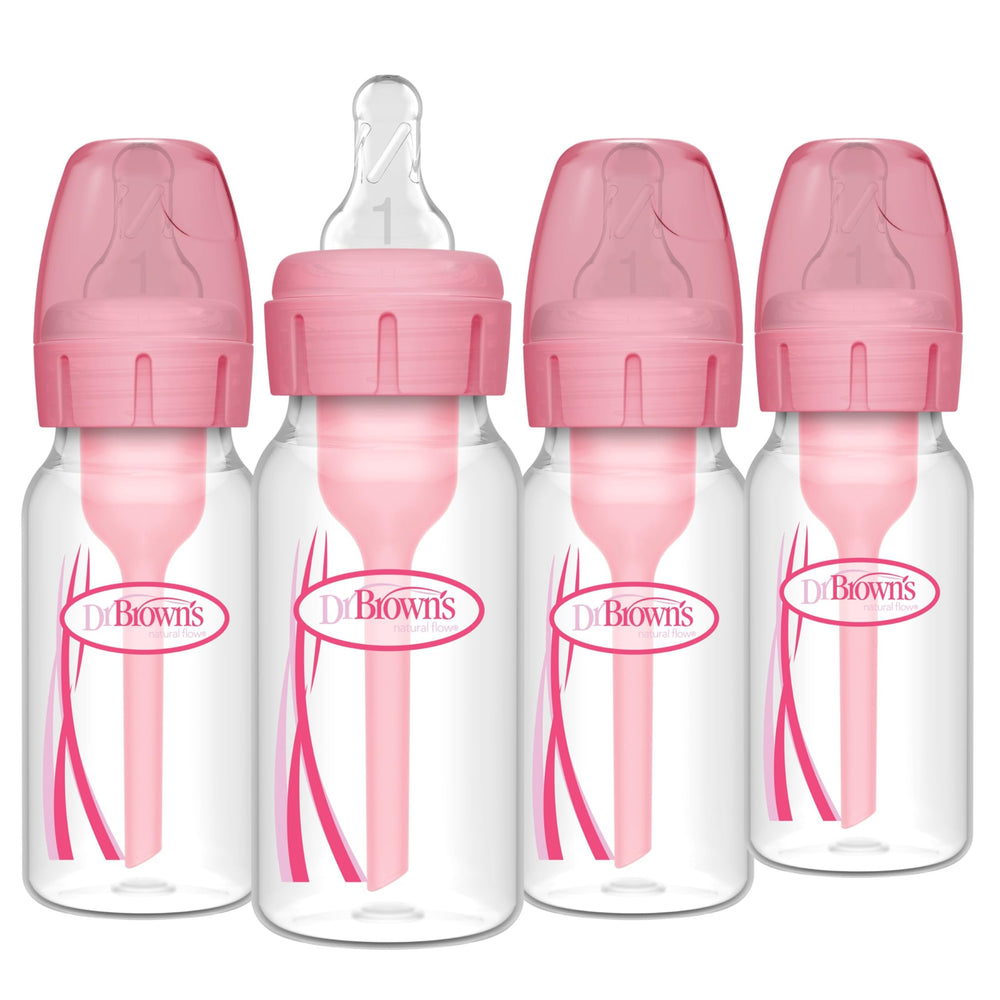 Dr. Brown's biberón frontal rosa mostrando forma estrecha y capacidad 120 ml