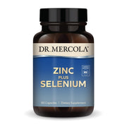 Dr. Mercola frasco frontal mostrando zinc y selenio y diseño claro