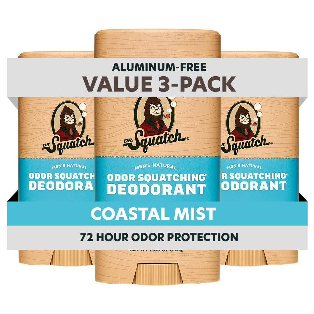 Dr. Squatch front packaging showing Coastal Mist three-pack and benefits