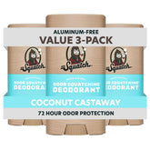 Dr. Squatch frontal del envase mostrando la fragancia Coconut Castaway y protección duradera