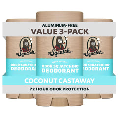 Dr. Squatch frontal del envase mostrando la fragancia Coconut Castaway y protección duradera