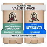 Dr. Squatch desodorante pack frontal mostrando Rainforest Rapids y Fresh Falls, protección natural