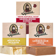 Dr. Squatch pack frontal mostrando tres barras con fragancias variadas y aspecto natural