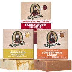 Dr. Squatch pack frontal mostrando tres barras con fragancias variadas y aspecto natural