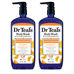 Dr Teal's vista frontal del pack de dos geles de ducha para hidratación y brillo