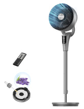 DREO fan front view showing sleek pedestal and wide grille for strong airflow
