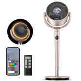 DREO front view pedestal fan showing controls and RGB light, delivers wide airflow