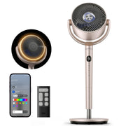 DREO front view pedestal fan showing controls and RGB light, delivers wide airflow