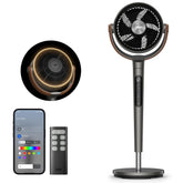 DREO smart fan front view showing sleek pedestal and controls for quick setup
