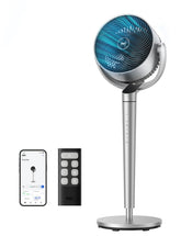 DREO smart fan front view showing full pedestal and grille, highlights powerful airflow
