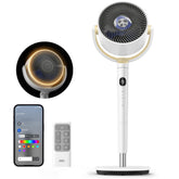 DREO smart fan front view showing tall pedestal and oscillation for efficient cooling