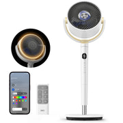 DREO smart fan front view showing tall pedestal and oscillation for efficient cooling