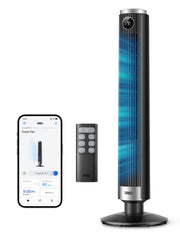 DREO ventilador torre frontal mostrando diseño elegante y beneficio de ahorro de espacio