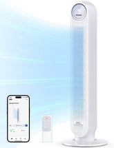 DREO ventilador torre frontal mostrando diseño elegante y ahorro de espacio