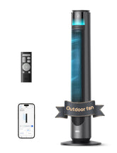 DREO ventilador torre frontal mostrando diseño robusto y potencia