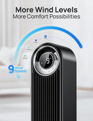 DREO ventilador oscilando en sala demostrando distribución de aire