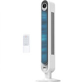 DREO tower fan front view showing sleek column and controls, provides powerful cooling