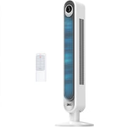 DREO tower fan front view showing sleek column and controls, provides powerful cooling