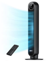 DREO tower fan front view showing slim profile and controls for efficient cooling