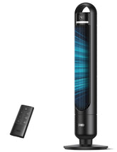 DREO tower fan front view showing sleek profile and strong airflow benefit