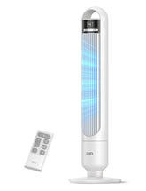 DREO tower fan front view showing sleek column and vent for fast cooling