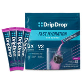DripDrop berry front packaging showing 32 packets and brand clarity benefits