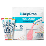 DripDrop front packaging variety 32 count showing product and flavors for quick hydration