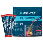 DripDrop front packaging showing Fruit Punch 32-count benefit quick hydration