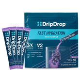 DripDrop front box showing 32 grape packets and clear branding, convenient pack