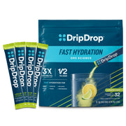 DripDrop front packaging displaying 32-count lemon lime packets and benefits