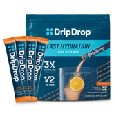 DripDrop front packaging showing orange packets and benefit of quick hydration